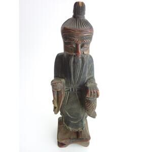 Vintage Chinese Shou Lao Fish Carved Wood Figures Statue Longevity